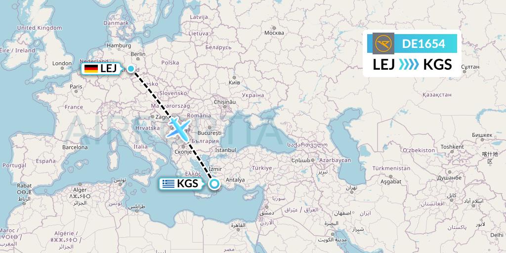 DE1654 Condor Flight Map: Leipzig to Kos