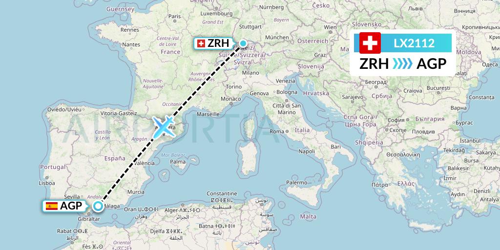 LX2112 Swiss Flight Map: Zurich to Malaga