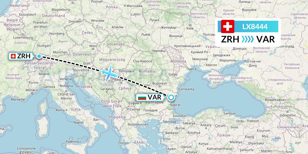 LX8444 Swiss Flight Map: Zurich to Varna