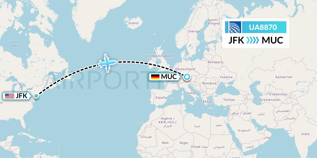 UA8870 United Airlines Flight Map: New York to Munich