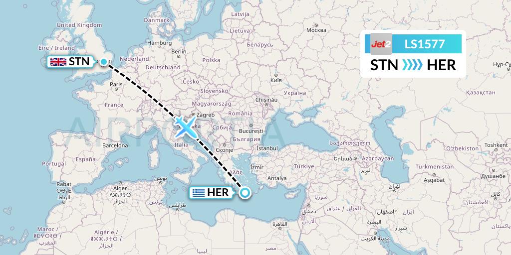 LS1577 Jet2 Flight Map: London to Heraklion