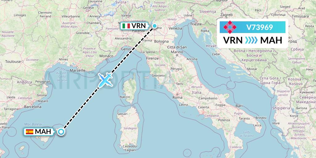 V73969 Volotea Flight Map: Verona to Mahon