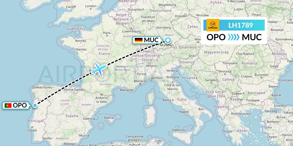LH1789 Lufthansa Flight Map: Porto to Munich