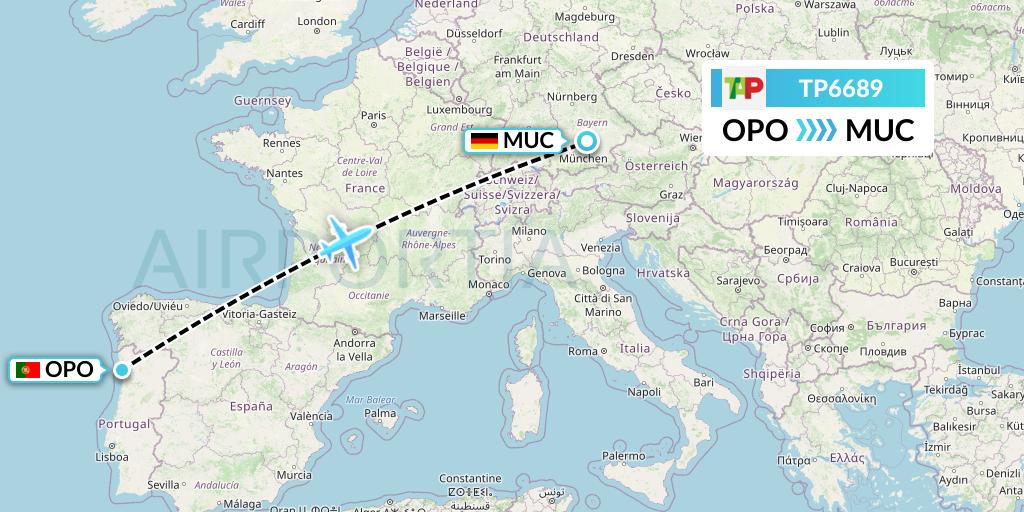 TP6689 TAP Portugal Flight Map: Porto to Munich