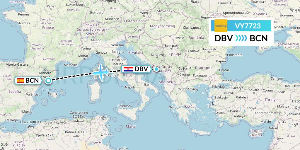 VY7723 Vueling Flight Map: Dubrovnik to Barcelona