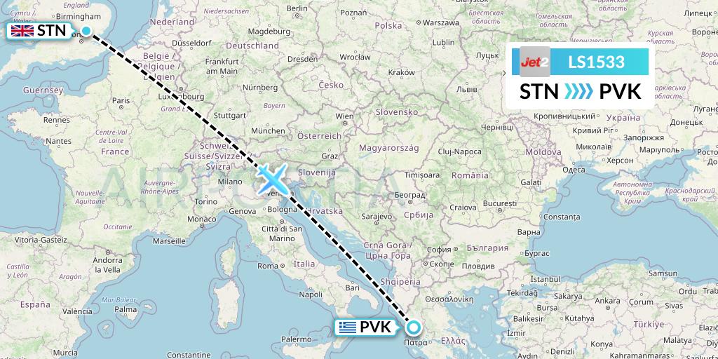 LS1533 Jet2 Flight Map: London to Preveza