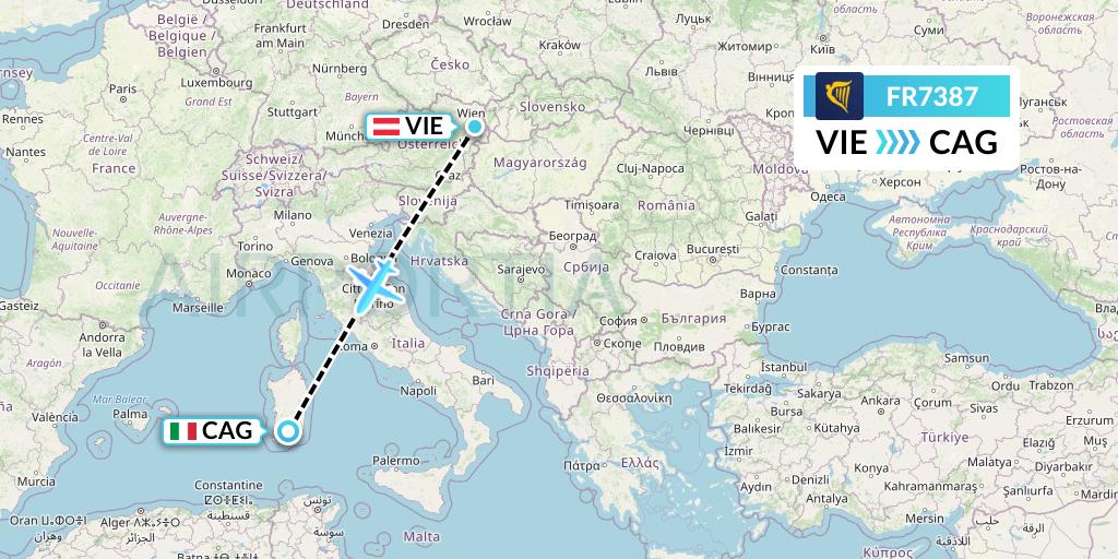 FR7387 Ryanair Flight Map: Vienna to Cagliari