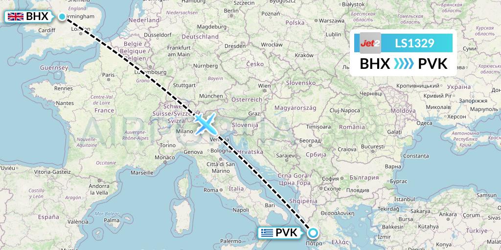 LS1329 Jet2 Flight Map: Birmingham to Preveza