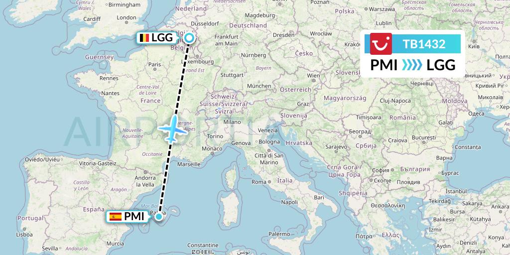 TB1432 TUI fly Belgium Flight Map: Palma de Mallorca to Liege