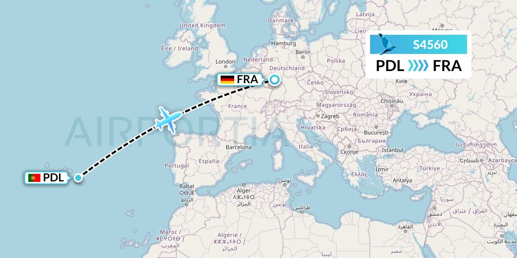 S4560 Azores Airlines Flight Map: Ponta Delgada to Frankfurt
