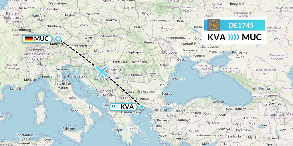 DE1745 Condor Flight Map: Kavala to Munich