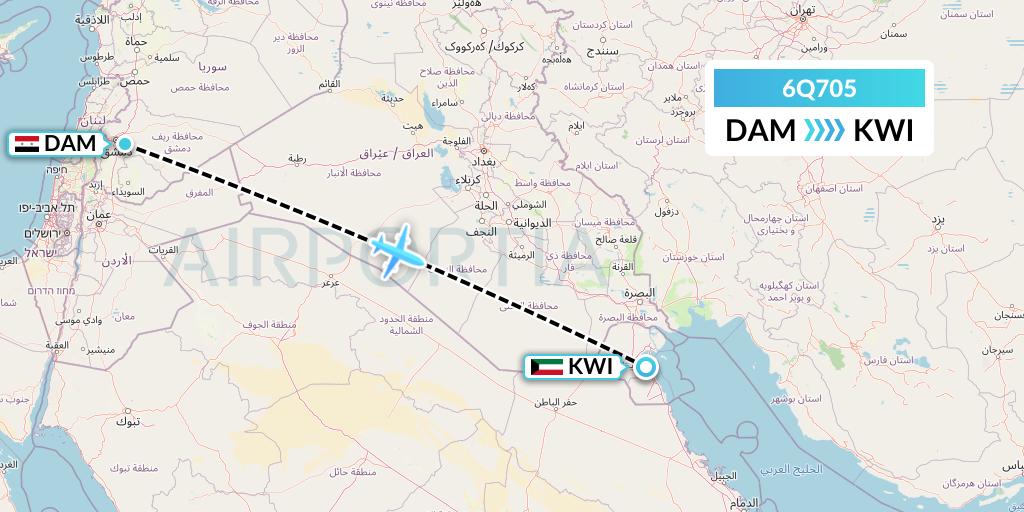 6Q705 Cham Wings Airlines Flight Map: Damascus to Kuwait City