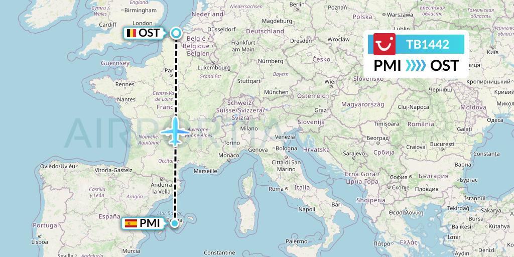 TB1442 TUI fly Belgium Flight Map: Palma de Mallorca to Ostend