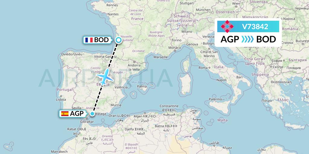 V73842 Volotea Flight Map: Malaga to Bordeaux
