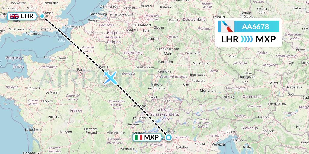 AA6678 American Airlines Flight Map: London to Milan