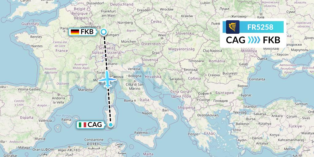 FR5258 Ryanair Flight Map: Cagliari to Karlsruhe/Baden-Baden