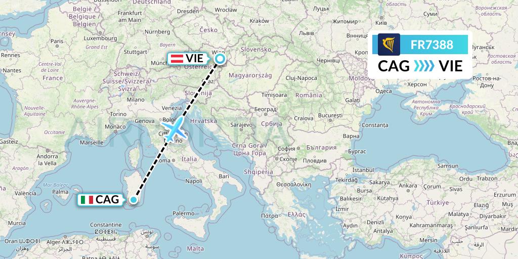 FR7388 Ryanair Flight Map: Cagliari to Vienna