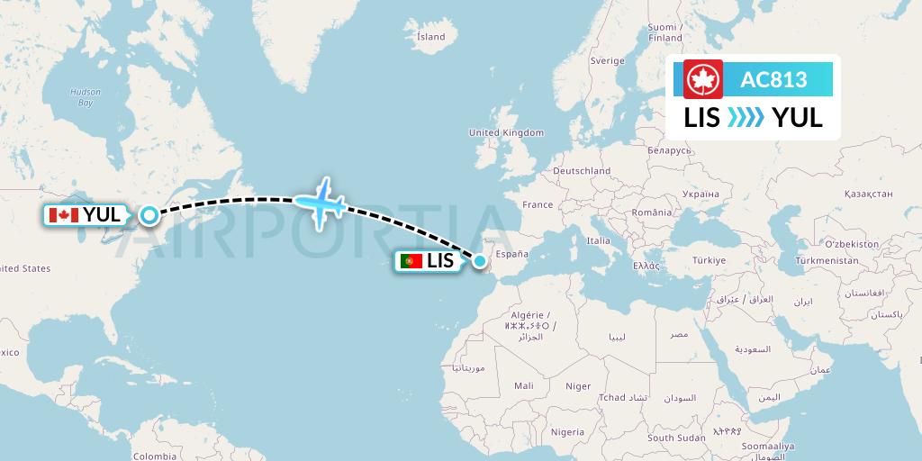 AC813 Air Canada Flight Map: Lisbon to Montreal