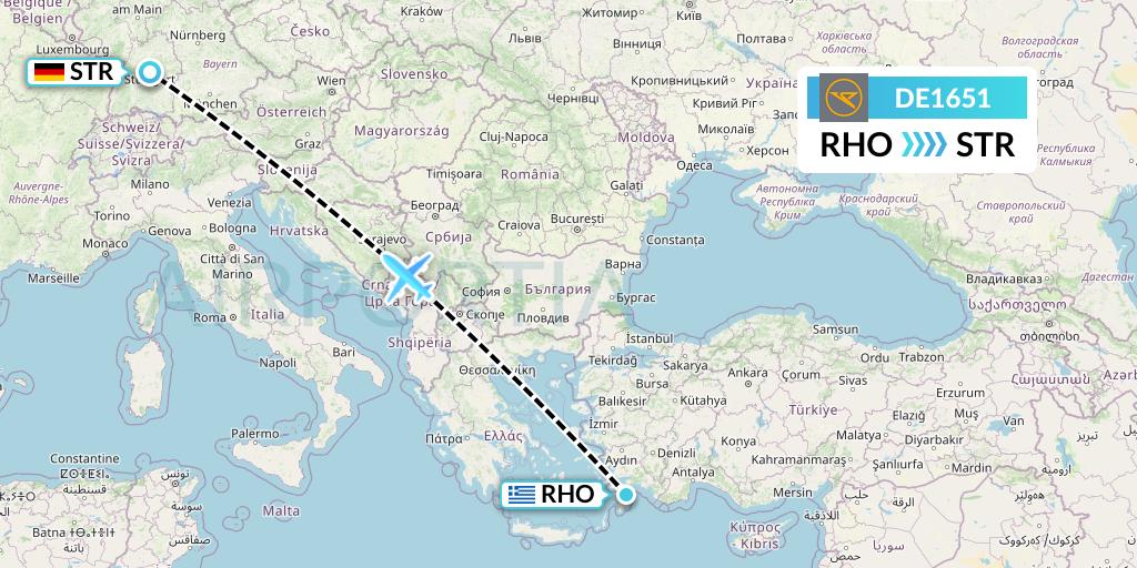 DE1651 Condor Flight Map: Rhodes to Stuttgart