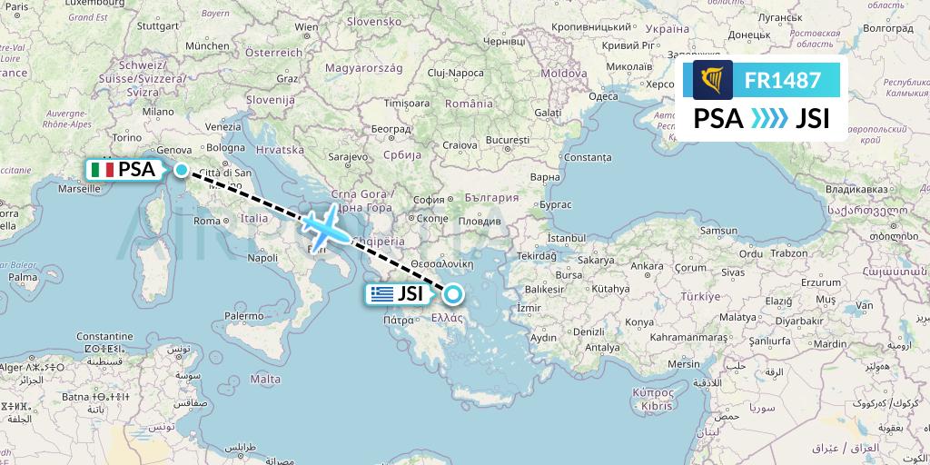 FR1487 Ryanair Flight Map: Pisa to Skiathos
