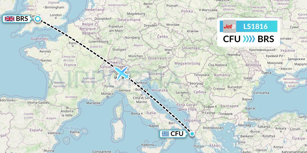 LS1816 Jet2 Flight Map: Corfu to Bristol