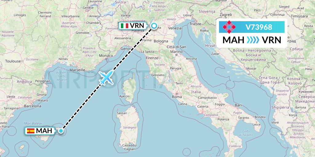 V73968 Volotea Flight Map: Mahon to Verona