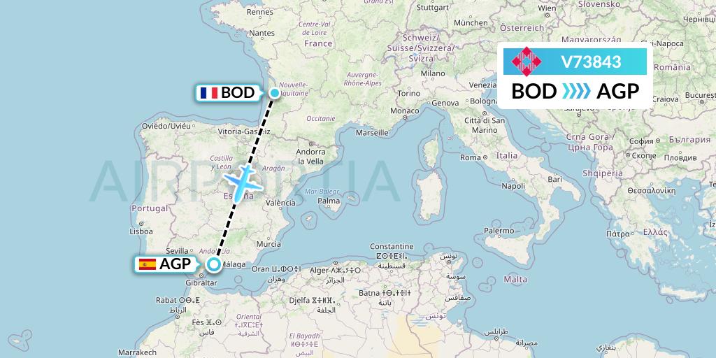 V73843 Volotea Flight Map: Bordeaux to Malaga