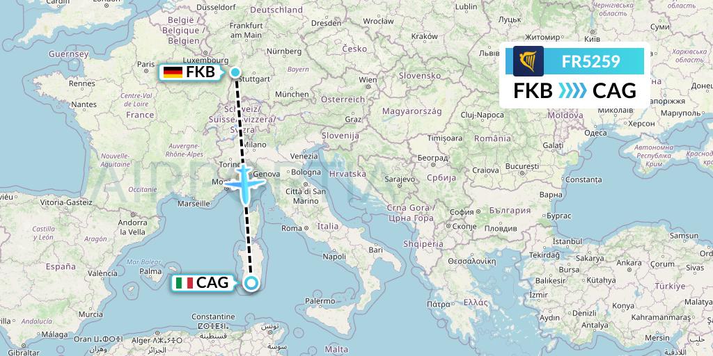 FR5259 Ryanair Flight Map: Karlsruhe/Baden-Baden to Cagliari