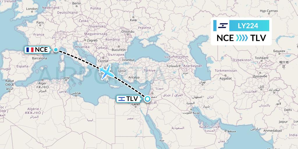 LY224 El Al Flight Map: Nice to Tel Aviv