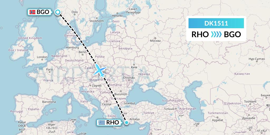 DK1511 Thomas Cook Airlines Scandinavia Flight Map: Rhodes to Bergen
