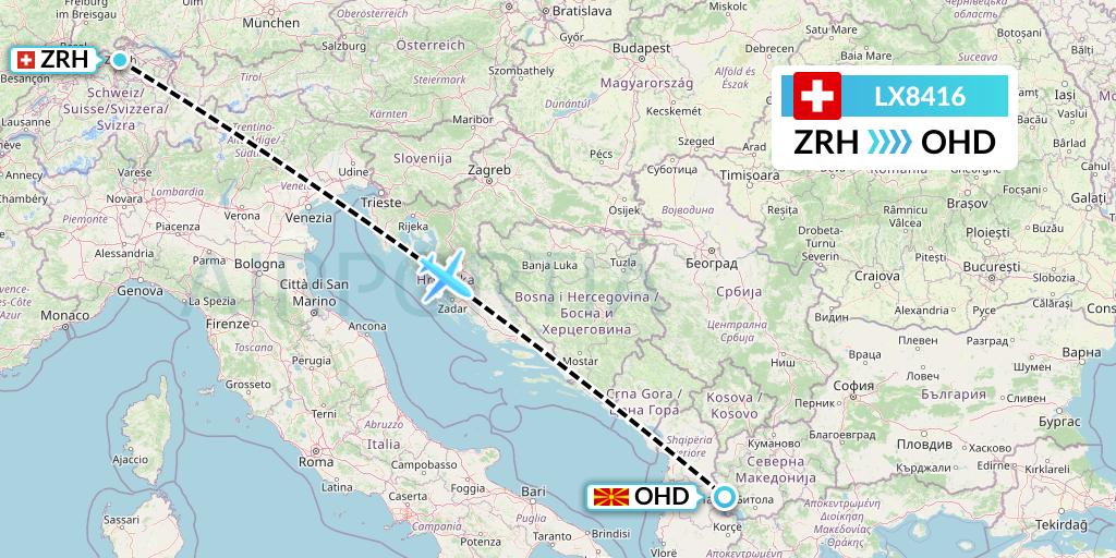 LX8416 Swiss Flight Map: Zurich to Ohrid