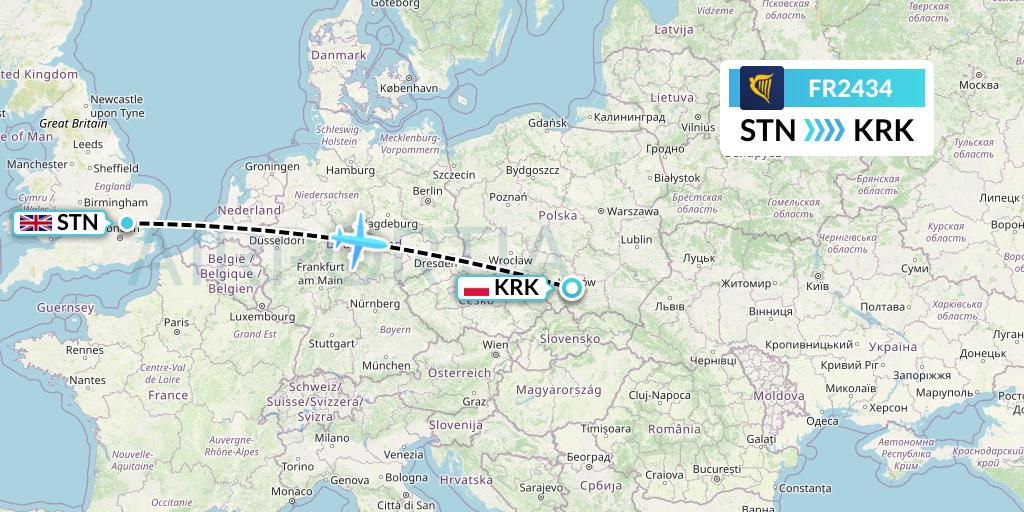 FR2434 Ryanair Flight Map: London to Krakow