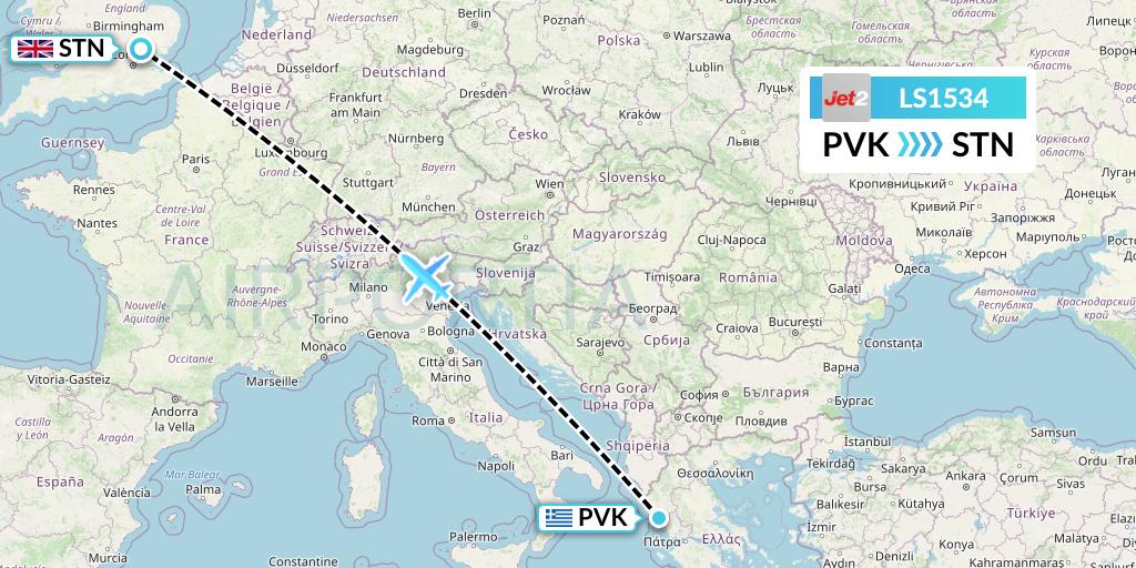 LS1534 Jet2 Flight Map: Preveza to London
