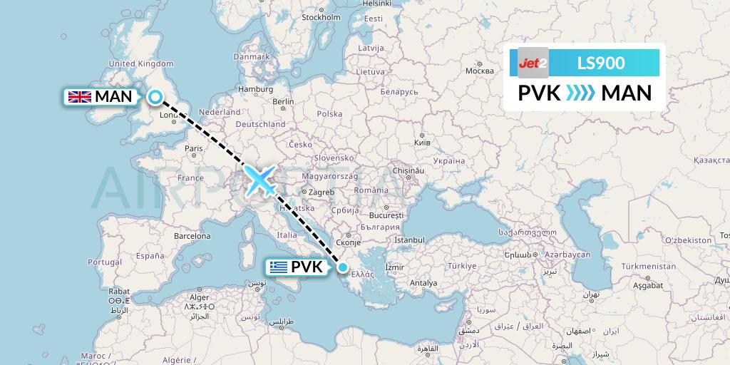 LS900 Jet2 Flight Map: Preveza to Manchester