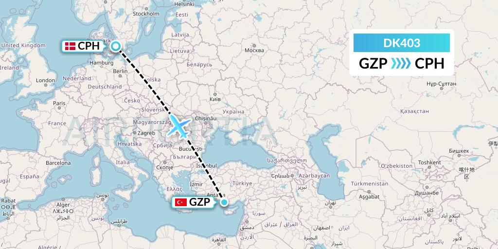 DK403 Thomas Cook Airlines Scandinavia Flight Map: Gazipasa to Copenhagen