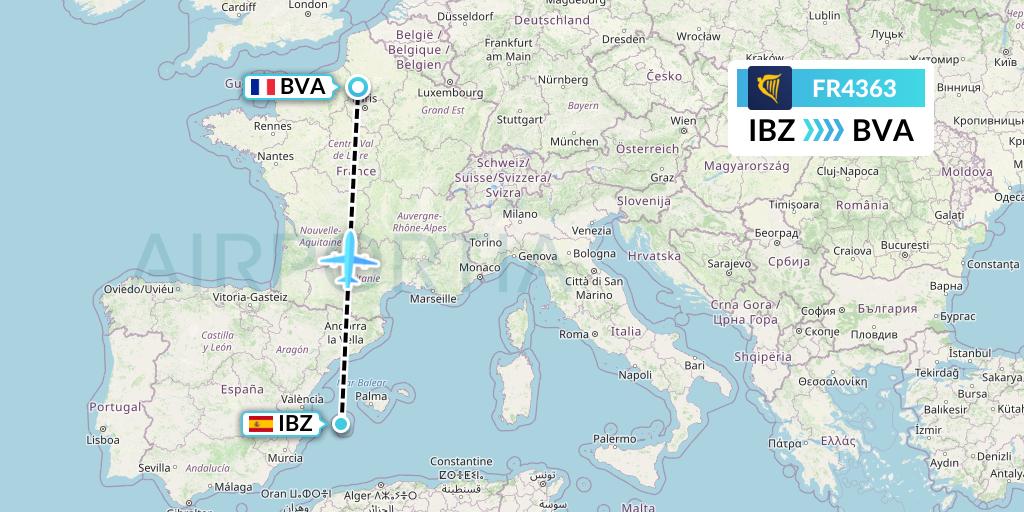 FR4363 Ryanair Flight Map: Ibiza to Paris