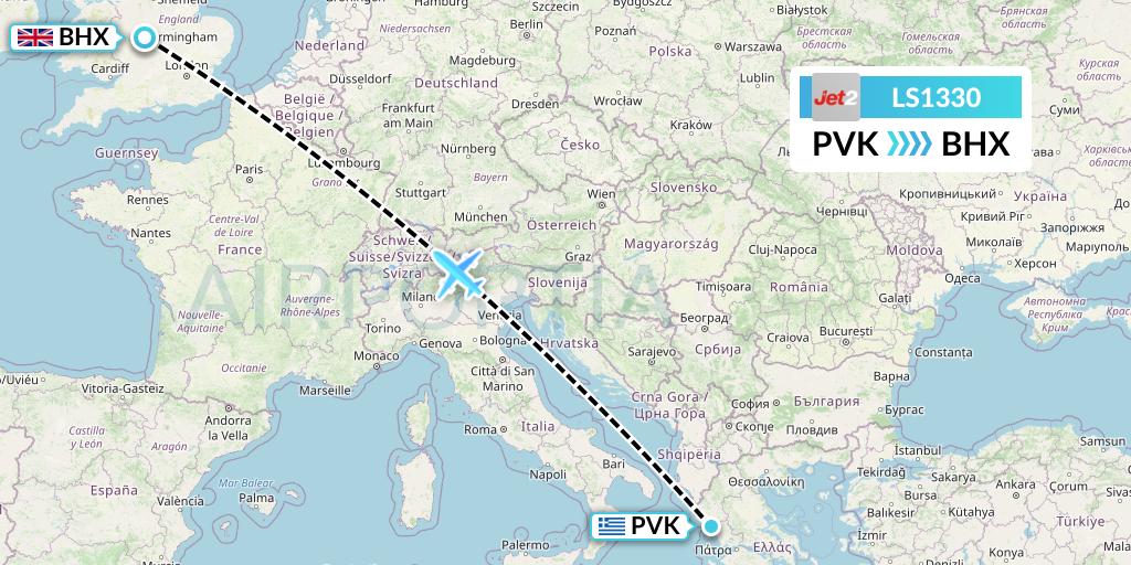 LS1330 Jet2 Flight Map: Preveza to Birmingham