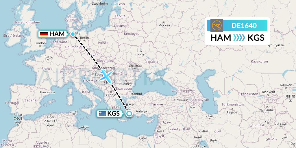 DE1640 Condor Flight Map: Hamburg to Kos