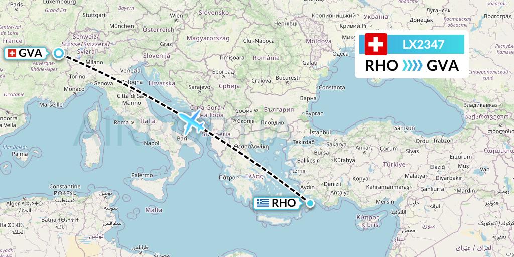 LX2347 Swiss Flight Map: Rhodes to Geneva
