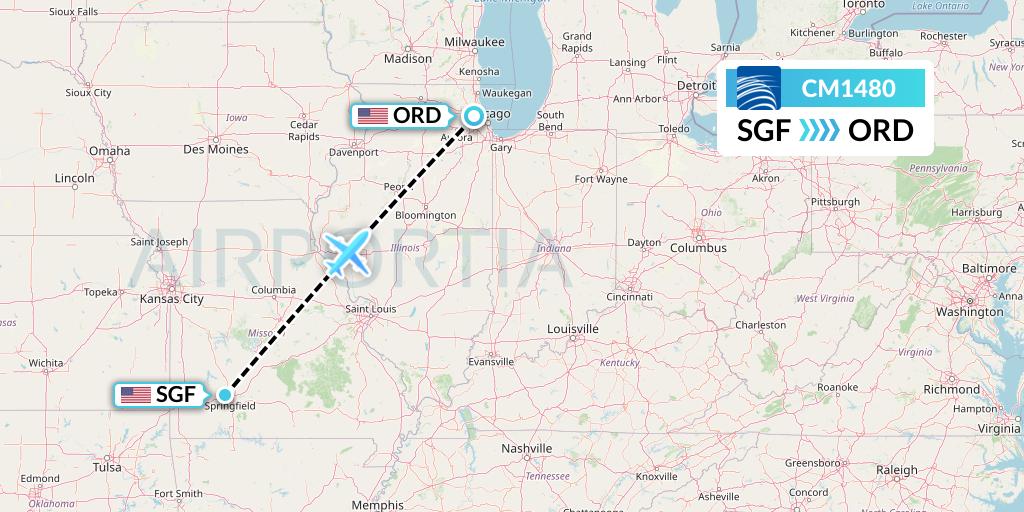 CM1480 Copa Airlines Flight Map: Springfield to Chicago