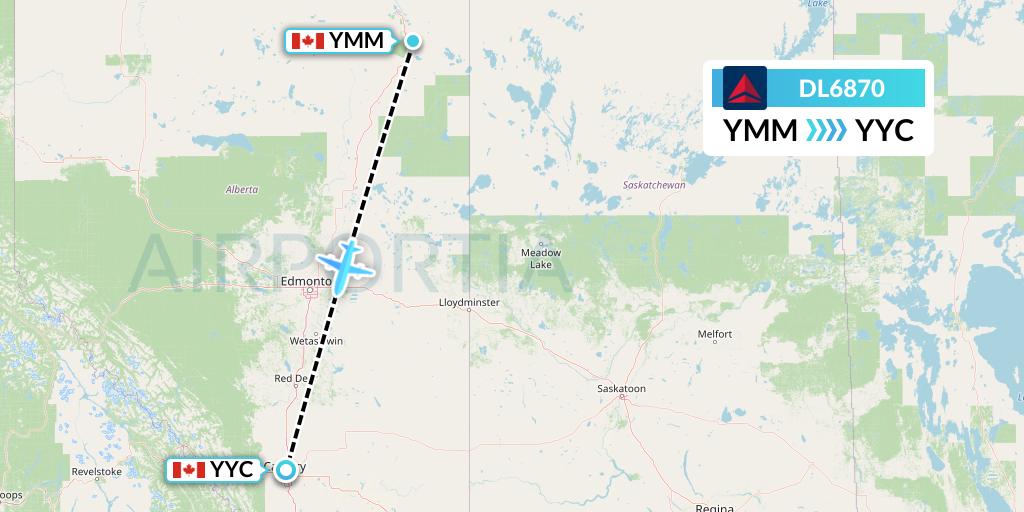 DL6870 Delta Air Lines Flight Map: Fort McMurray to Calgary