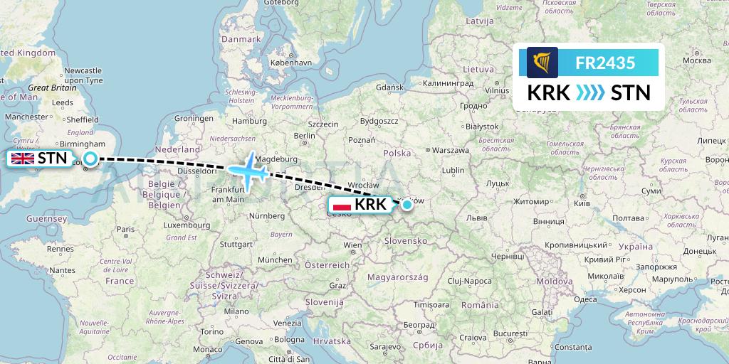 FR2435 Ryanair Flight Map: Krakow to London
