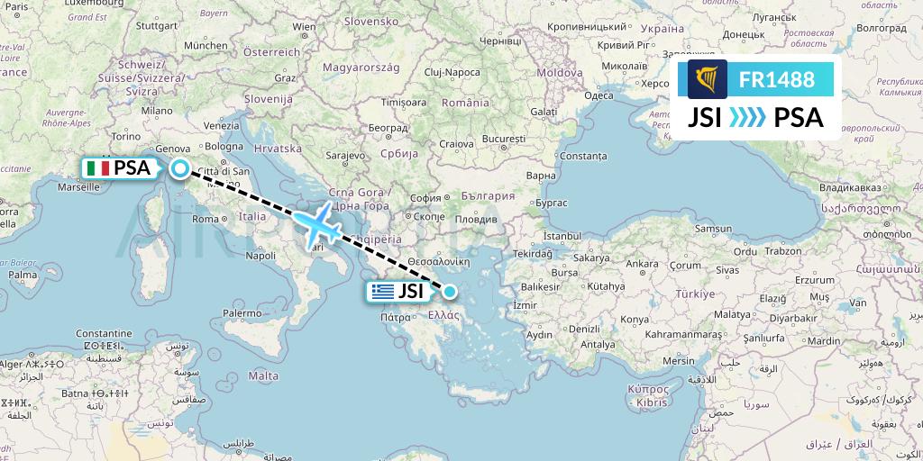 FR1488 Ryanair Flight Map: Skiathos to Pisa