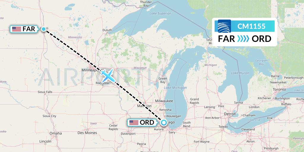 CM1155 Copa Airlines Flight Map: Fargo to Chicago