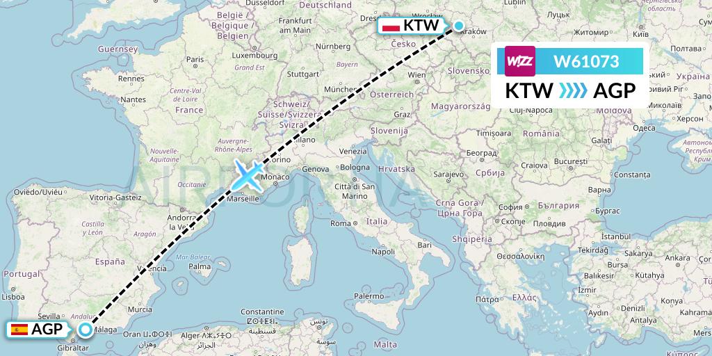 W61073 Wizz Air Flight Map: Katowice to Malaga