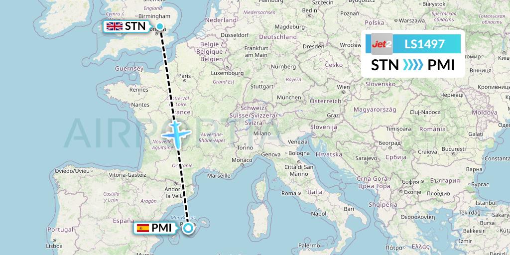 LS1497 Jet2 Flight Map: London to Palma de Mallorca