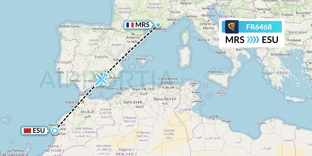 FR6468 Ryanair Flight Map: Marseille to Essaouira