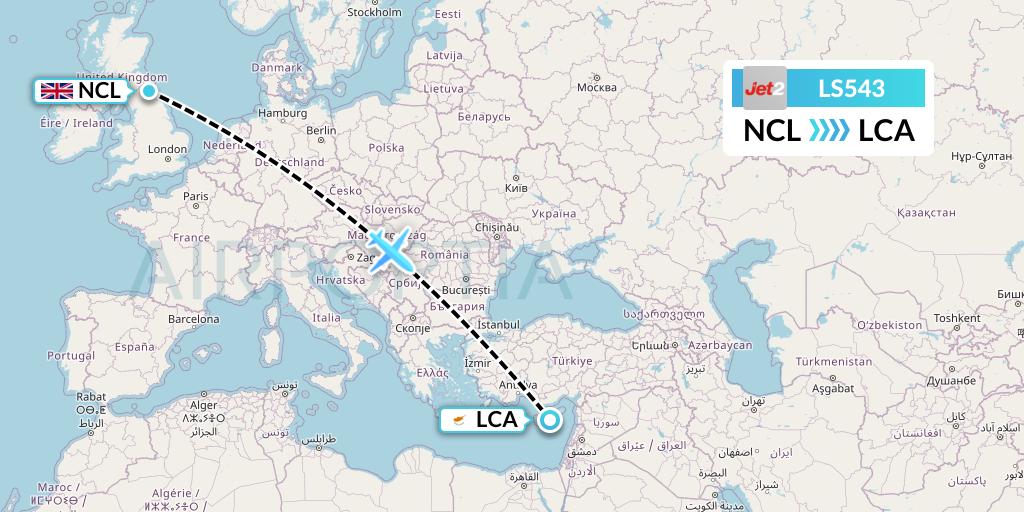 LS543 Jet2 Flight Map: Newcastle to Larnaca