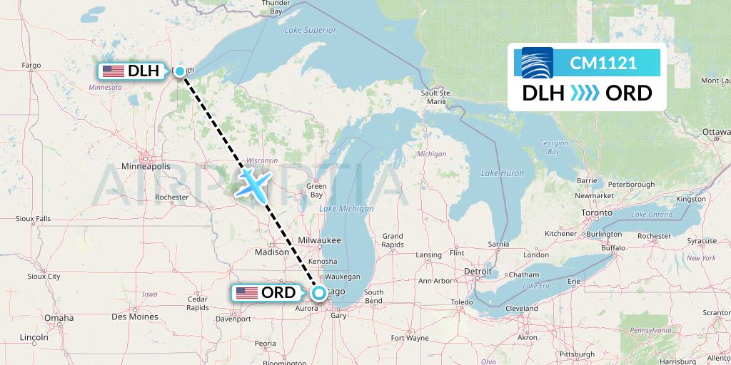 CM1121 Copa Airlines Flight Map: Duluth to Chicago