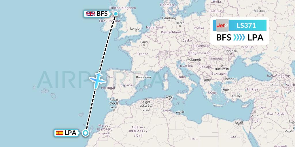 LS371 Jet2 Flight Map: Belfast to Las Palmas